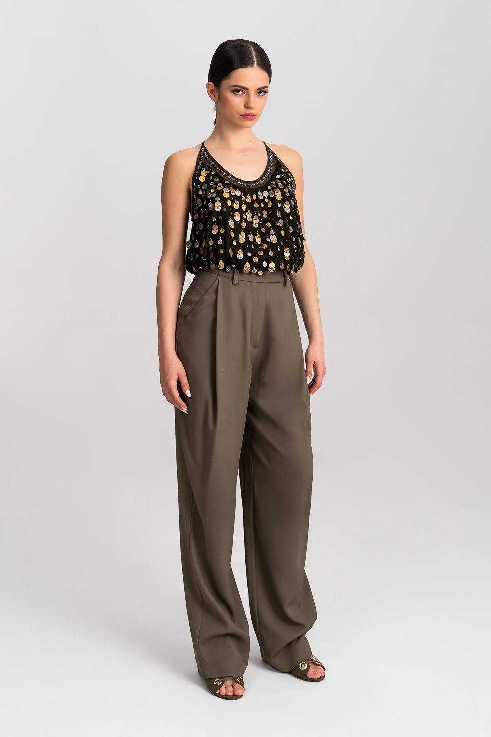 'Zahra' Khaki Pleated Wide-leg Trousers