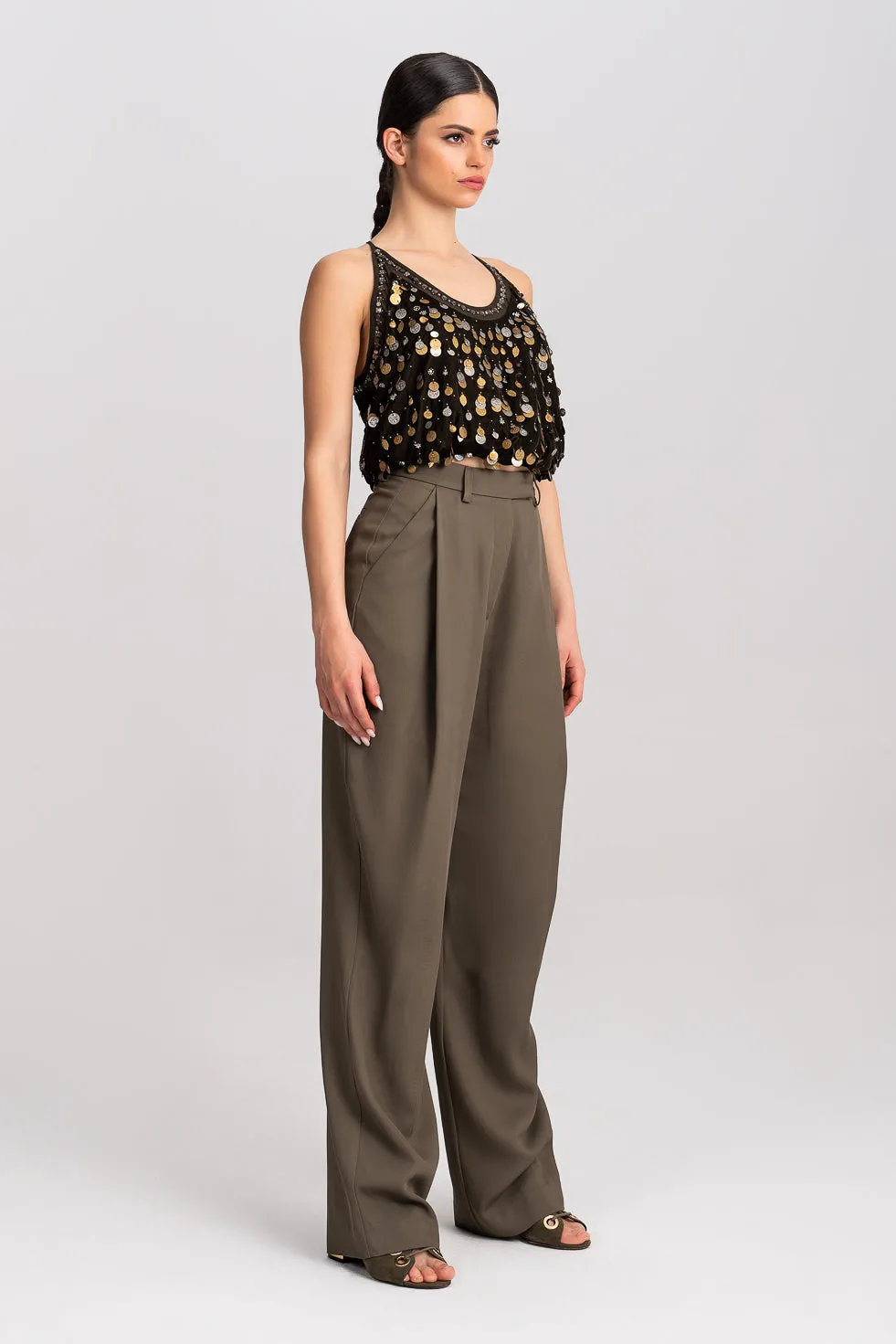 'Zahra' Khaki Pleated Wide-leg Trousers